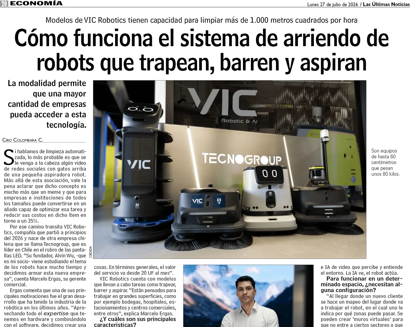Recorte de la nota publicada por Las Últimas Noticias sobre el arriendo de robots de limpieza de VIC Robotics